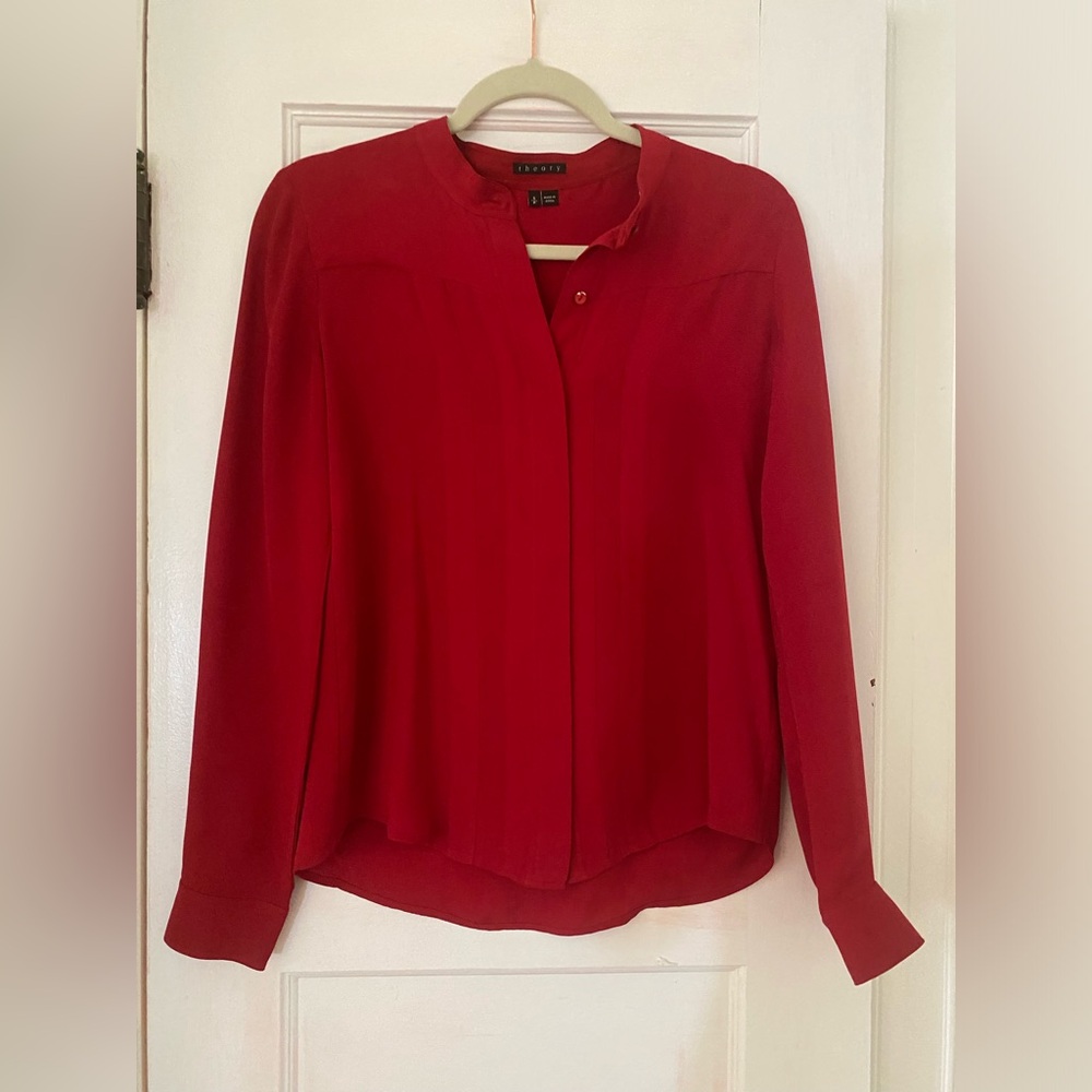 Theory Silk Red Button Up Blouse, Size Small